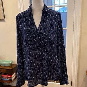Express Navy Anchor Pattern V-neck Button Down Shirt.  Size SP.
